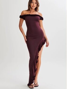 Meshki Burgundy Asymmetrical Ruffle Maxi Dress